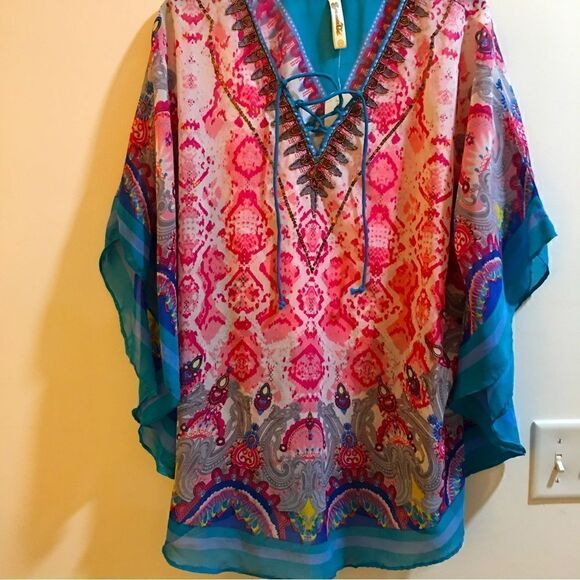 GORGEOUS SHEER JEWLED LACE UP V ROUND TOP - Picture 2 of 10